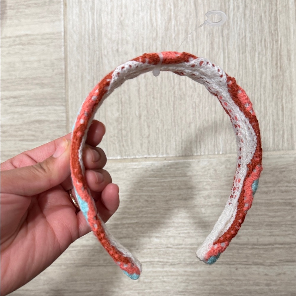 Coral and White NEW Woven Headband with Aqua Accents